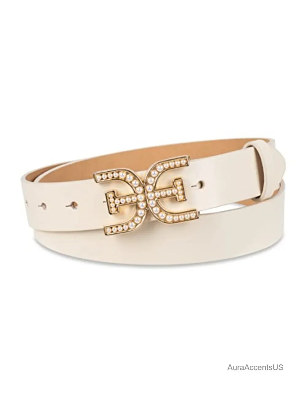 Sam Edelman Pearl Embellished Double-E Logo Plaque Buckle Leather Belt